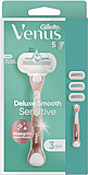 סכין גילוח רב פעמי Gillette Venus Deluxe Smooth Sensitive לנשים חמישה להבים + ידית - כולל 3 סכינים סכין גילוח רב פעמי Gillette Venus Deluxe Smooth Sensitive לנשים חמישה להבים + ידית - כולל 3 סכינים